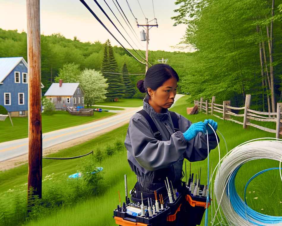 Technician installing fiber-optic cables in rural New Hampshire