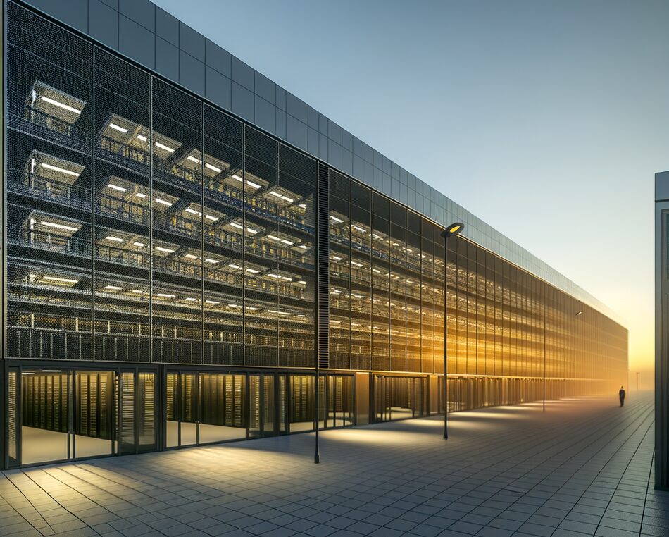 Modern European data center building at sunrise with cooling units and power lines