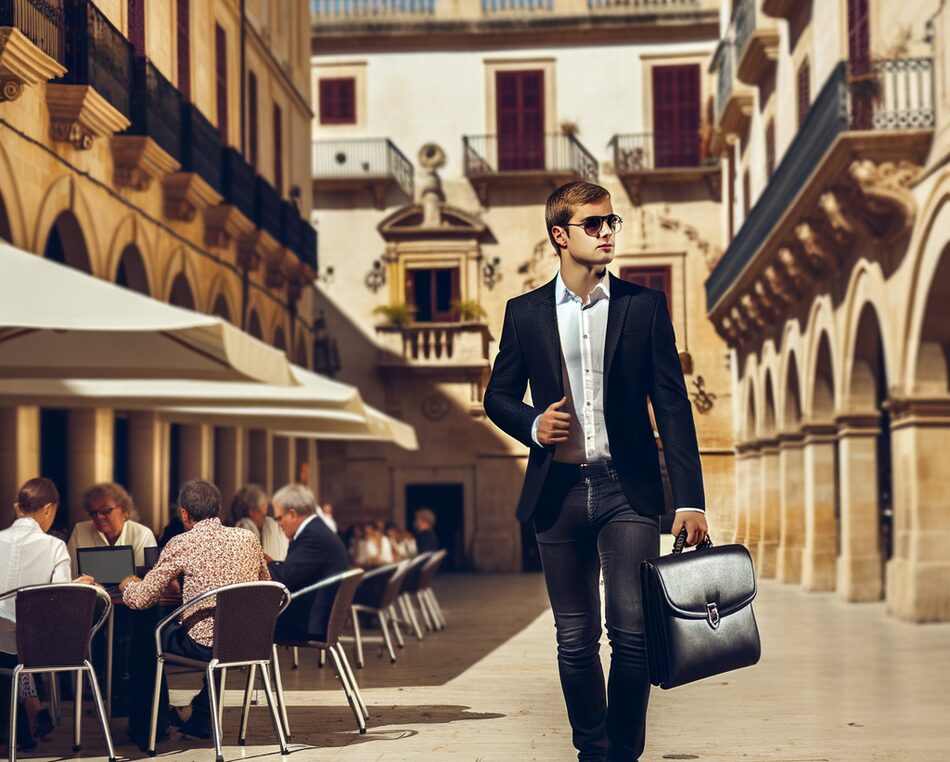 Un entrepreneur marchant dans une rue animée et commerçante de Nanterre