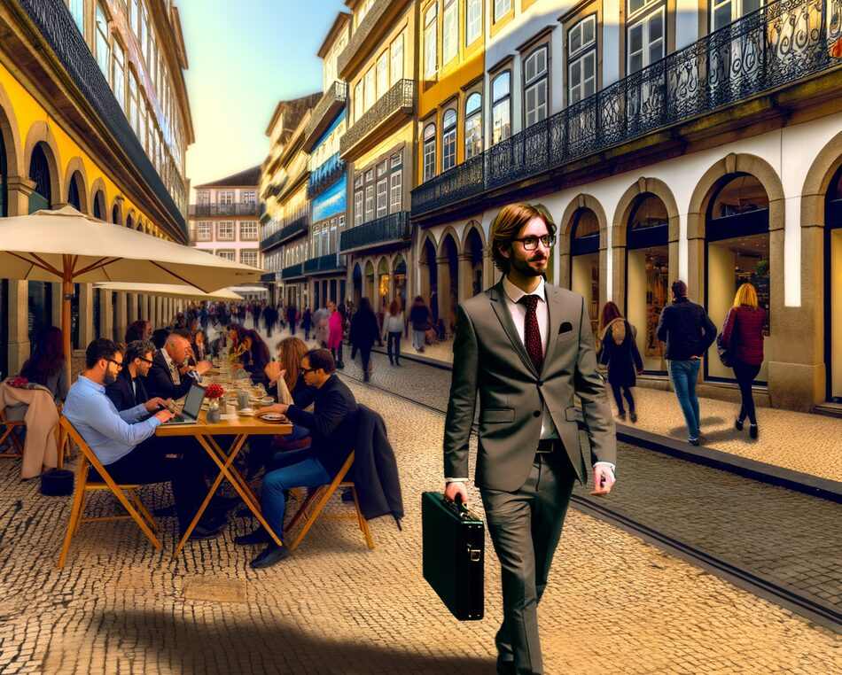 Scena imprenditoriale in centro ad Andria Imprenditore ad Andria in una via centrale tra caffè e attività commerciali – Luxembourg