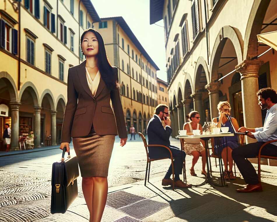 Imprenditore su una via del centro storico di Arezzo tra edifici eleganti e attività commerciali.