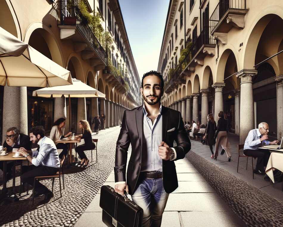 Business nella città di Pavia Imprenditore a Pavia in una via storica, circondato da attività commerciali e passanti – Luxembourg