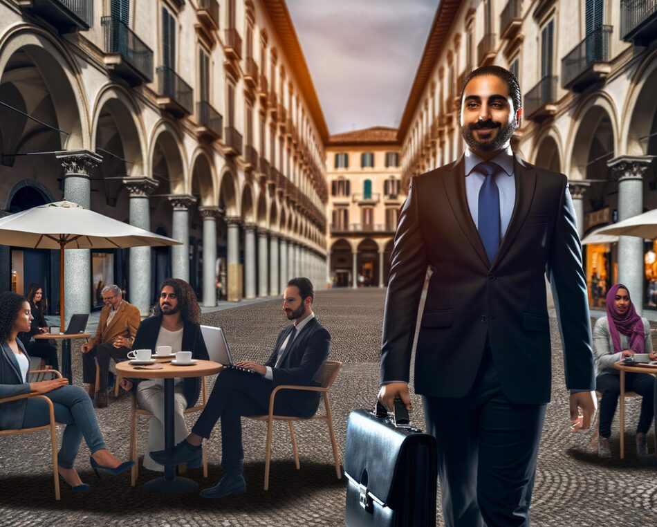 Imprenditore nel distretto commerciale di Torino Imprenditore elegante cammina in una via storica di Torino animata da attività professionali. – Luxembourg