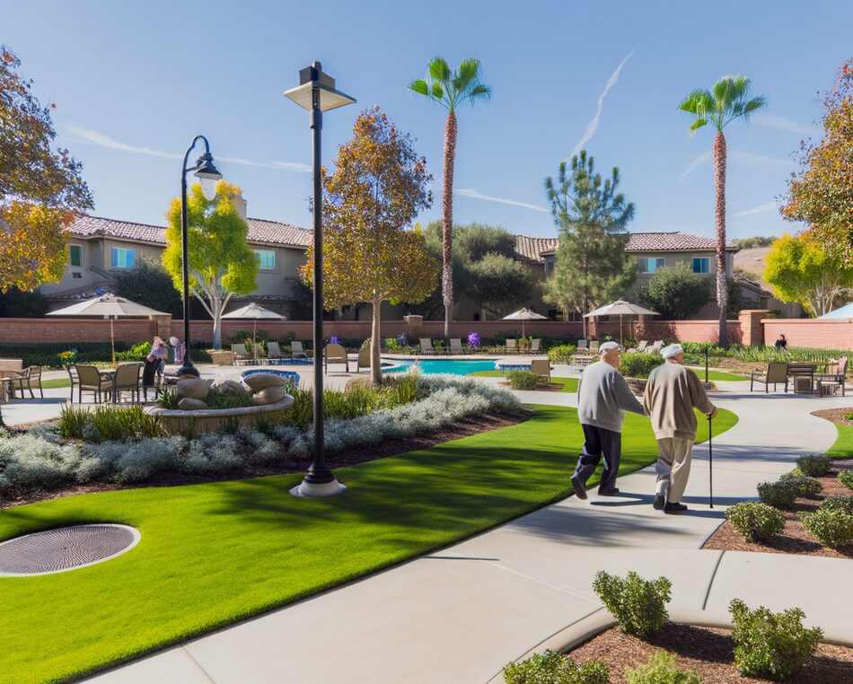 Modern senior living community in Chula Vista, California with landscaped grounds and amenities