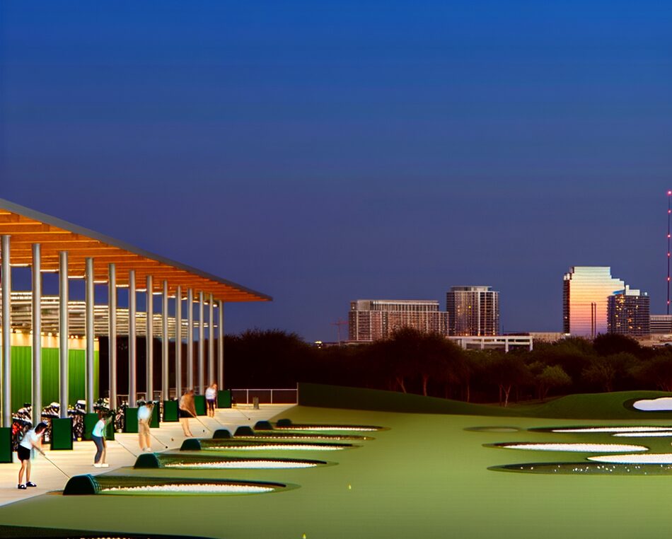 Topgolf driving range facility in Texas at dusk with players and city skyline