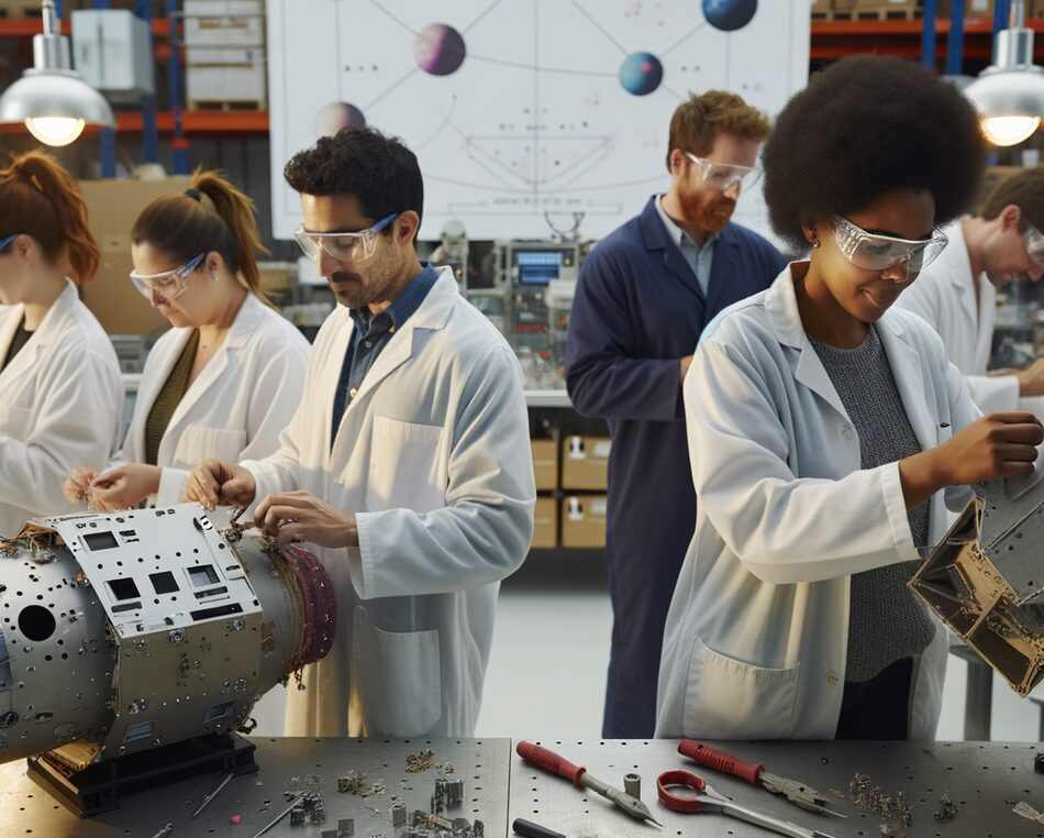 Engineers assembling a re-entry vehicle in a Boston aerospace lab