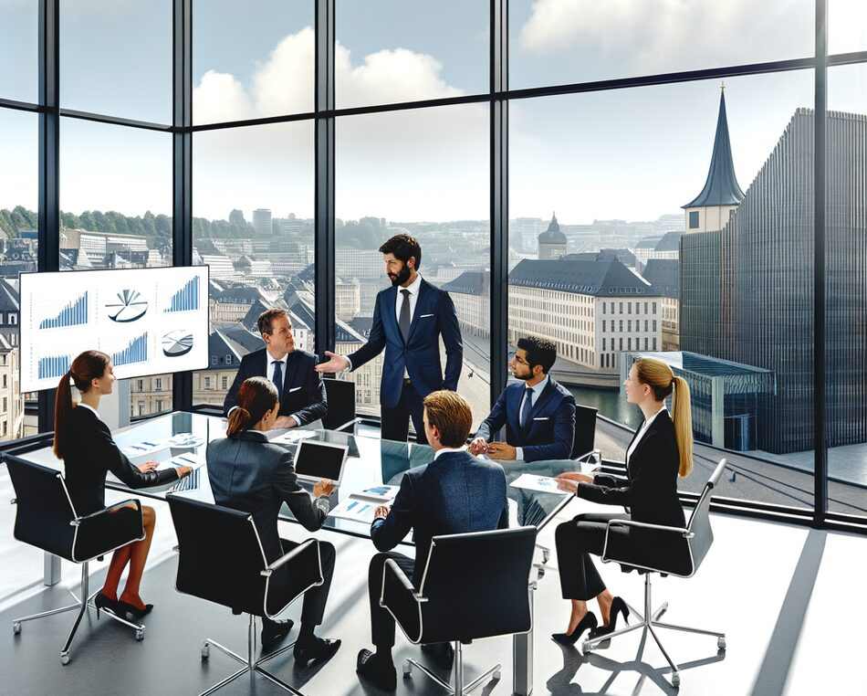 Luxembourg private equity fund professionals in a modern office with city skyline