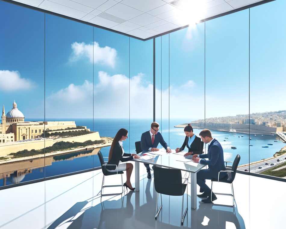 Professional financial team in a modern office with Valletta skyline, Malta