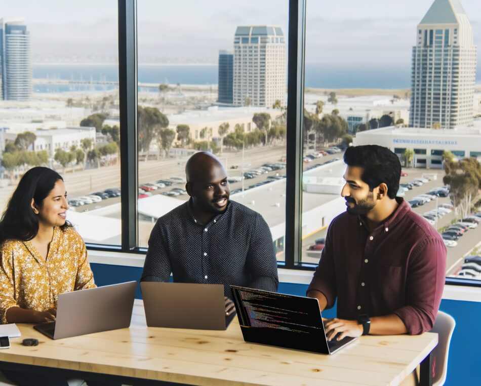 San Diego LegalTech Startup Collaboration LegalTech founders collaborating in a San Diego coworking space with city skyline in background