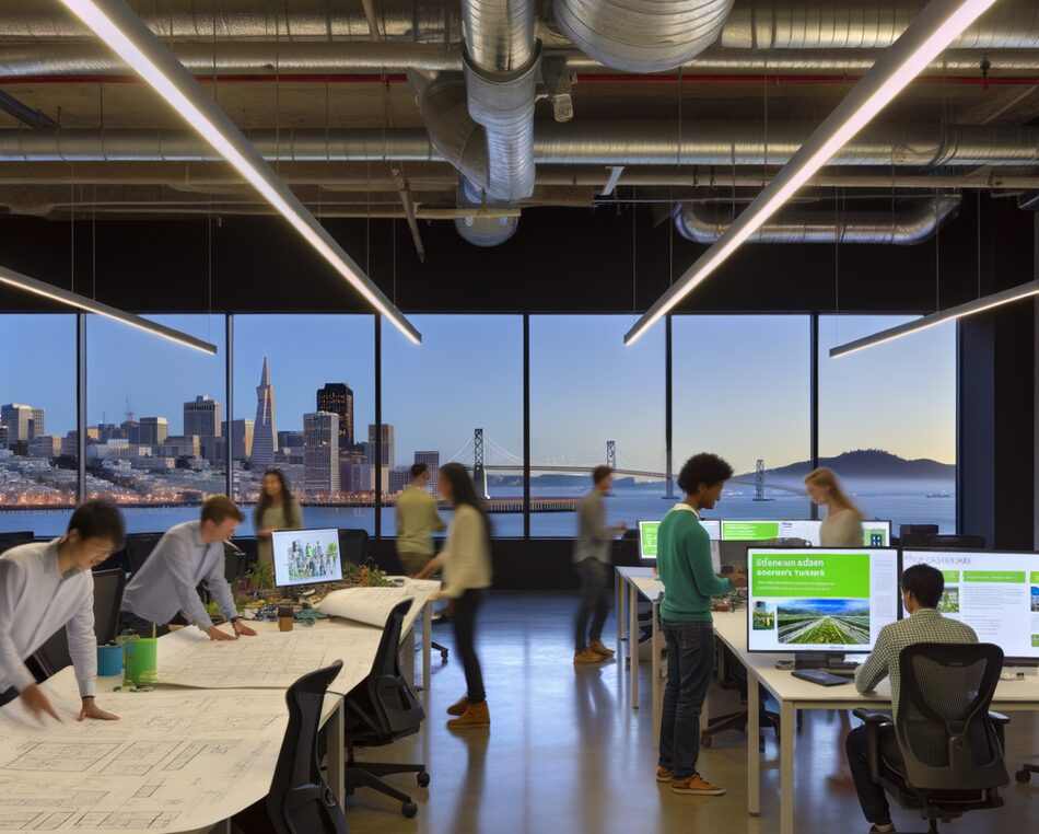 San Francisco clean technology founders collaborating in a coworking space with city skyline in background