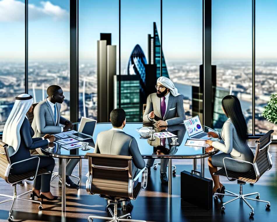 Private debt fund managers in a modern London office discussing credit strategies