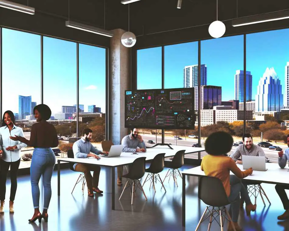 Austin SaaS Startup Ecosystem Office Scene Austin SaaS startup team collaborating in a modern office with city skyline view