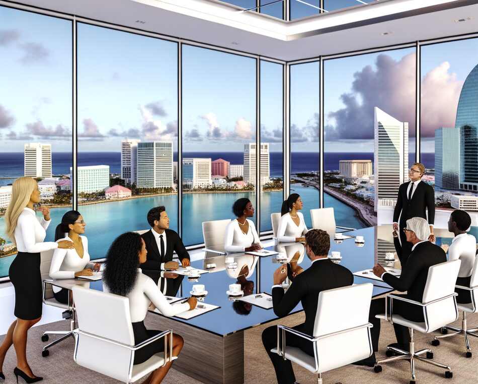 Private equity professionals in a modern Cayman Islands office overlooking ocean skyline