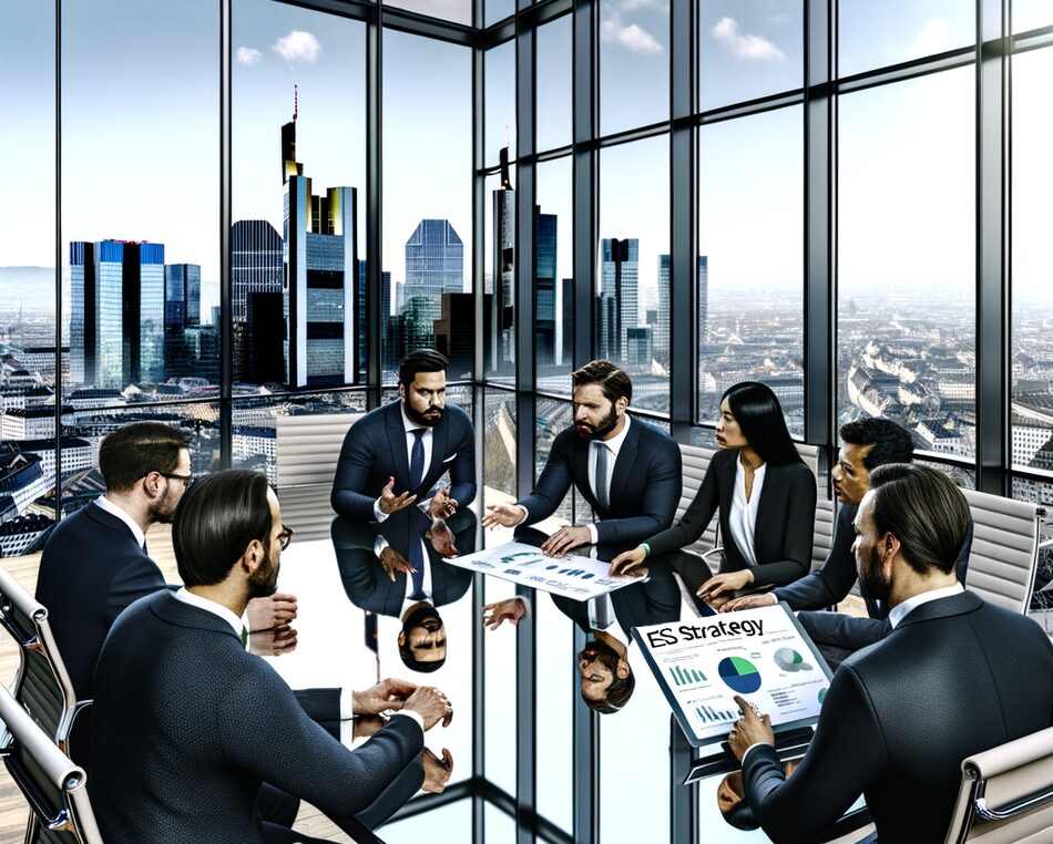 German fund managers discuss ESG strategy in a modern office overlooking Frankfurt skyline