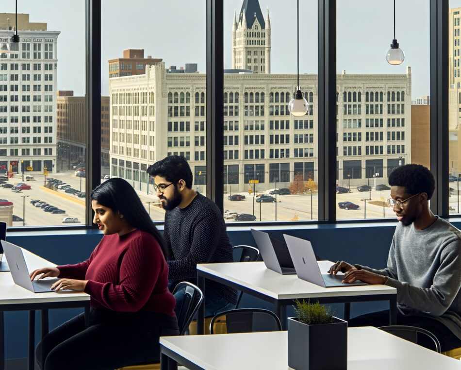 FinTech founders and engineers collaborating in a Minneapolis coworking space