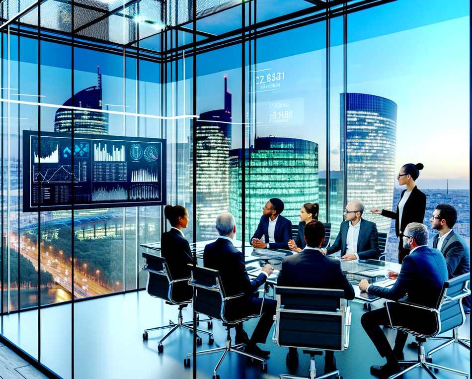 Paris financial office with fund managers discussing private debt strategies