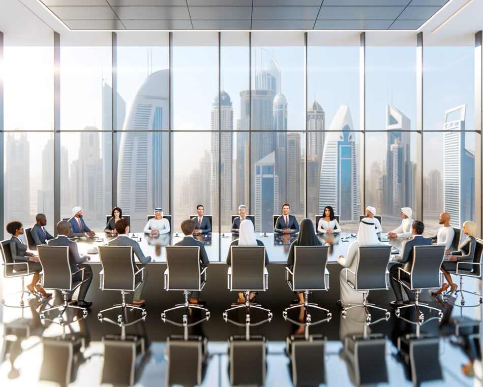 Board of directors in a modern UAE office overlooking Dubai skyline