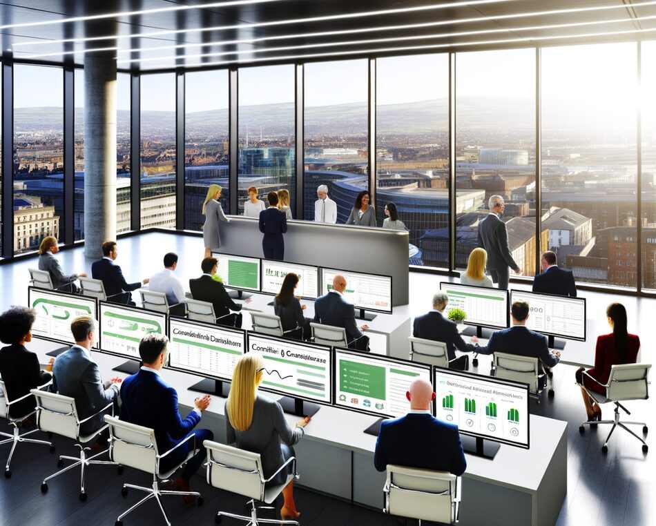 Irish fund managers and compliance professionals in a modern Dublin office reviewing ESG and regulatory data