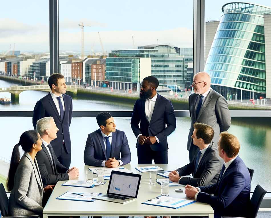 Financial professionals discussing private debt funds in a modern Dublin office with a cityscape view.