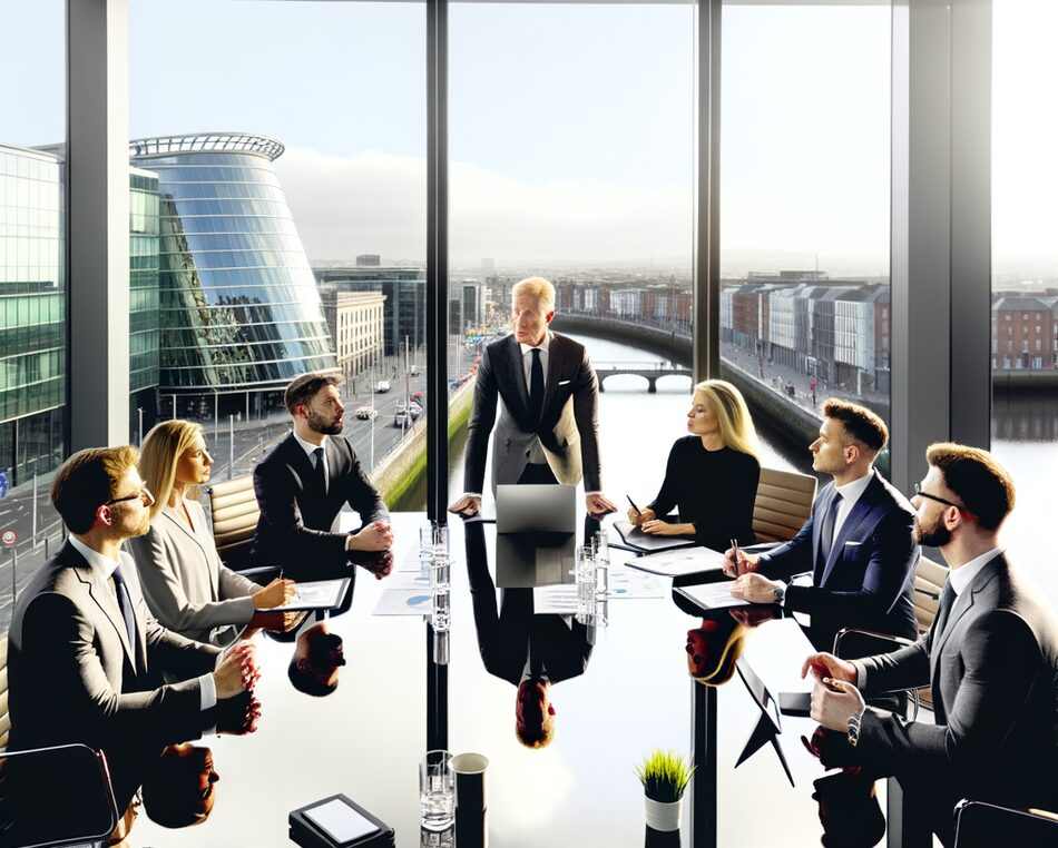 Irish private equity executives meeting in a modern Dublin office with city skyline