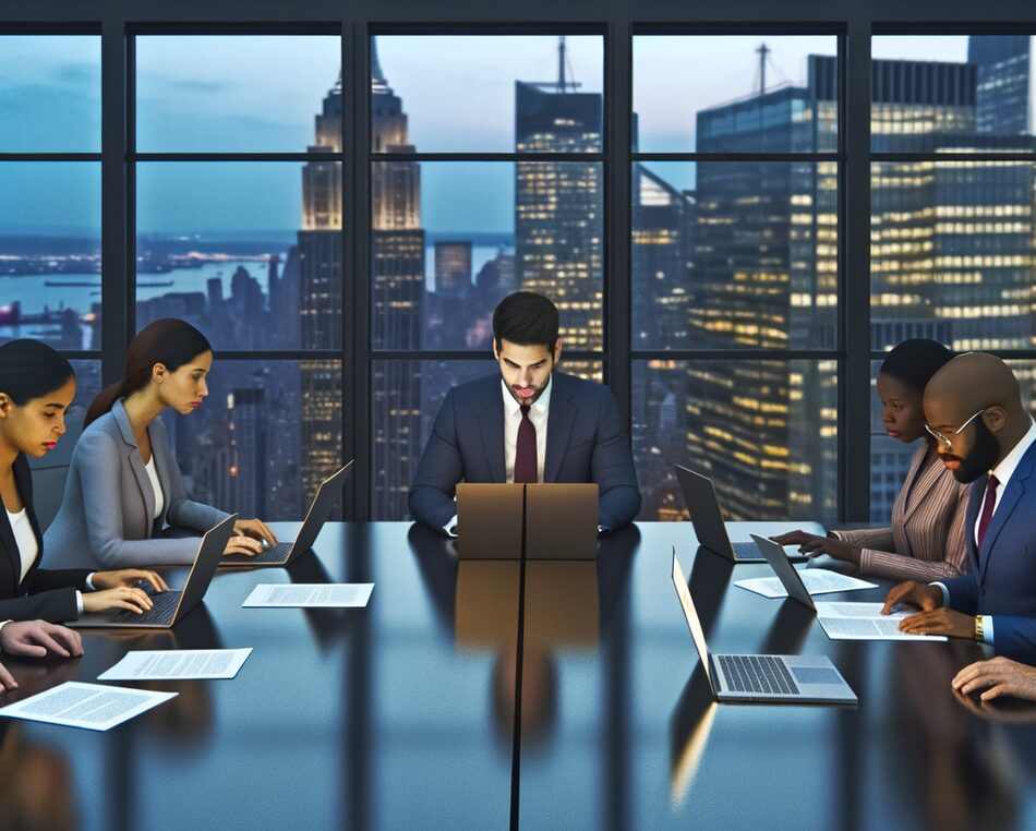 Legaltech founders and attorneys collaborate in a New York City law firm conference room with the Manhattan skyline in the background.