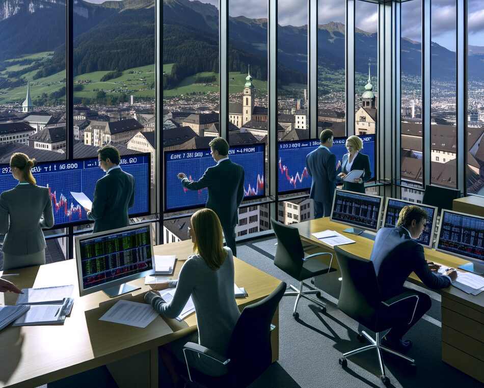 Financial professionals in a modern Vaduz office reviewing cross-border fund data, with alpine skyline visible.