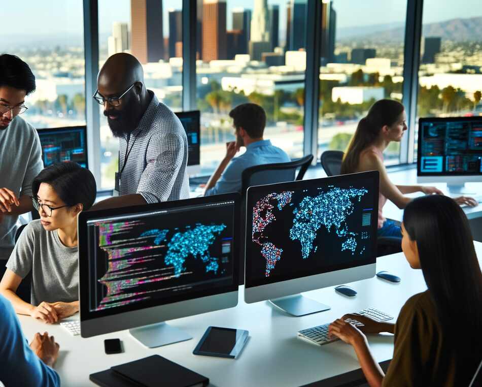 Cybersecurity engineers at work in a Los Angeles startup office with city skyline