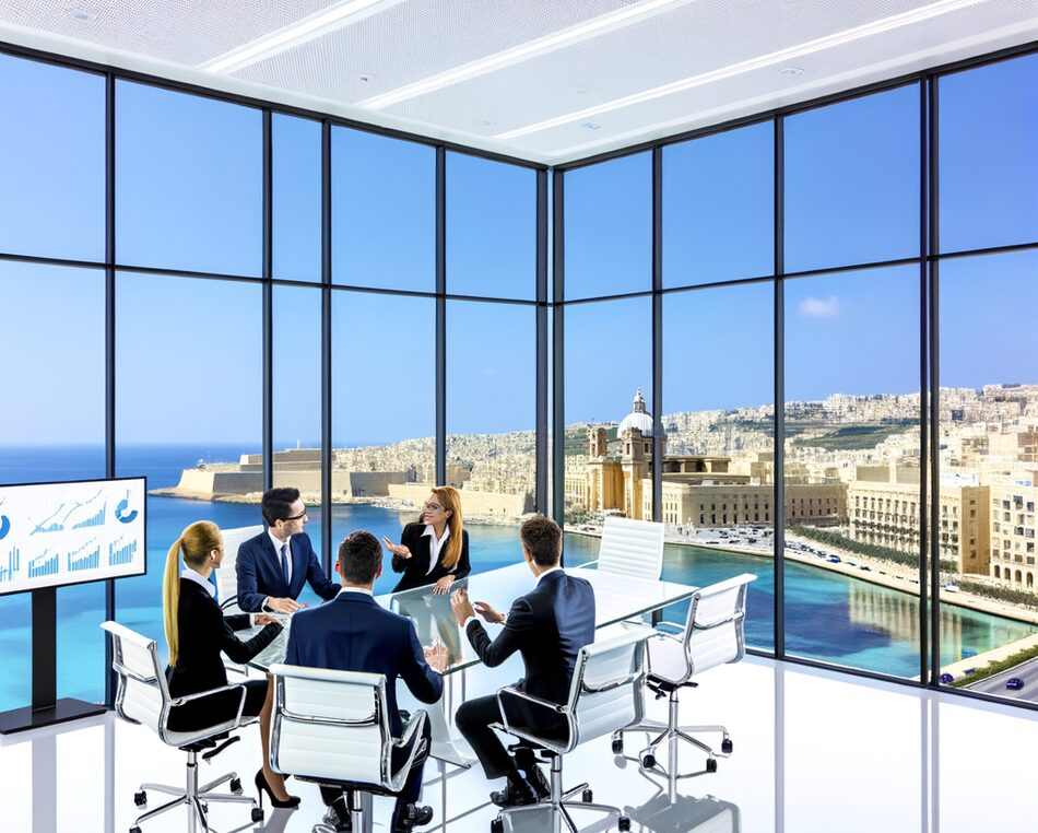 Financial professionals collaborate in a modern office in Malta, ESG data on screens.