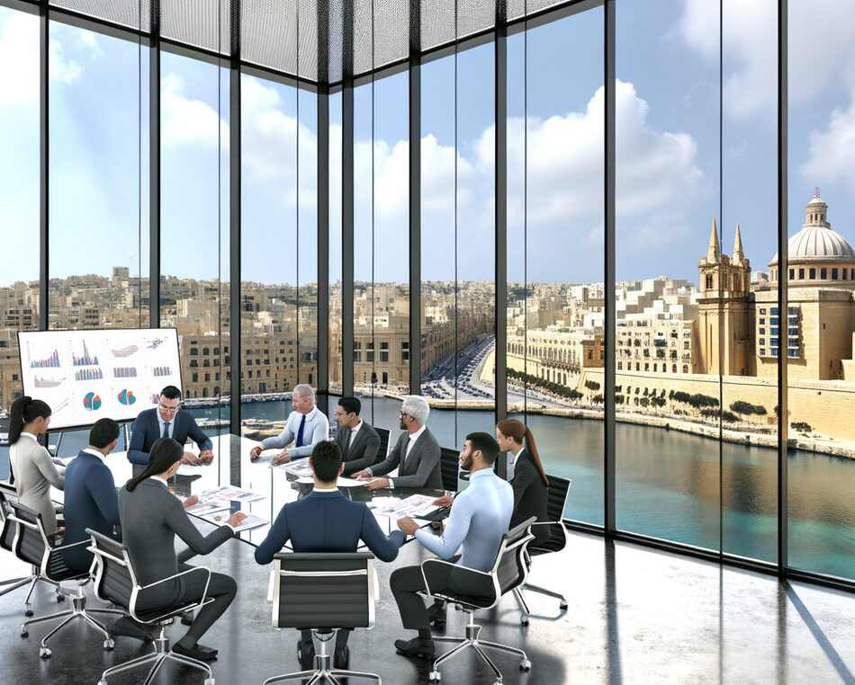 Modern financial office in Malta overlooking Valletta, with business professionals and real estate investment charts