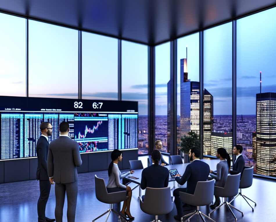 Professional fund managers in a Paris office discussing regulatory strategy