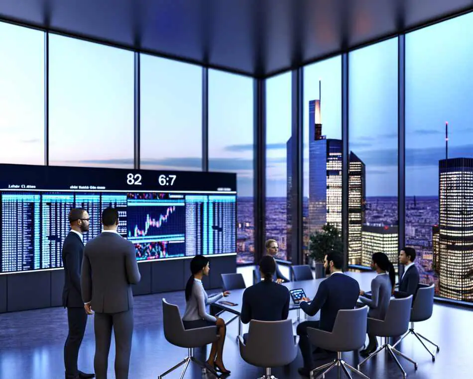 Professional fund managers in a Paris office discussing regulatory strategy
