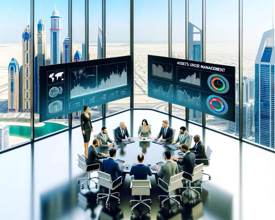 Fund managers in a UAE office discussing AIFM strategy