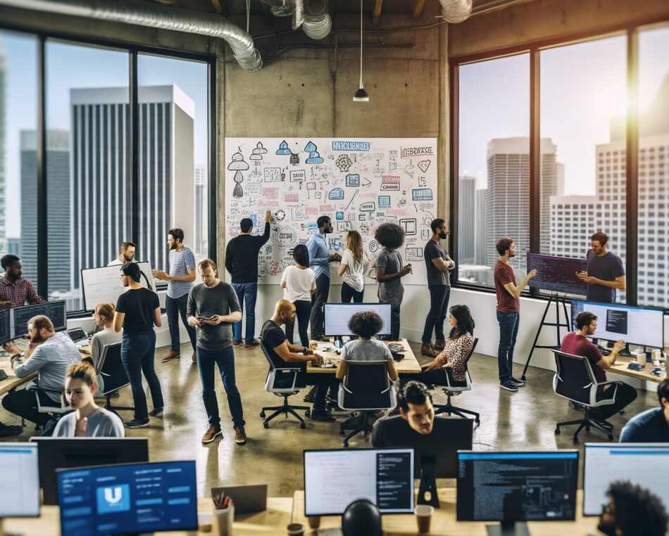 Miami InsurTech startup founders collaborating in a modern office overlooking the city