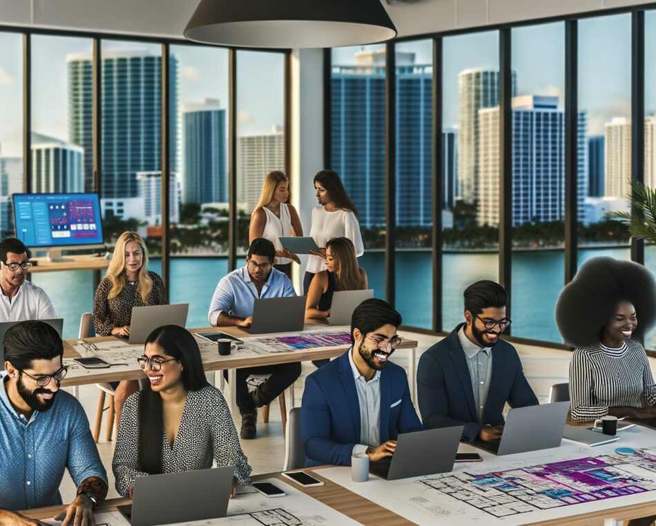 Miami PropTech founders and real estate professionals collaborating in a coworking space with digital dashboards and the Miami skyline.