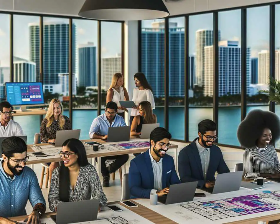 Miami PropTech Startup Ecosystem Collaboration Miami PropTech founders and real estate professionals collaborating in a coworking space with digital dashboards and the Miami skyline.
