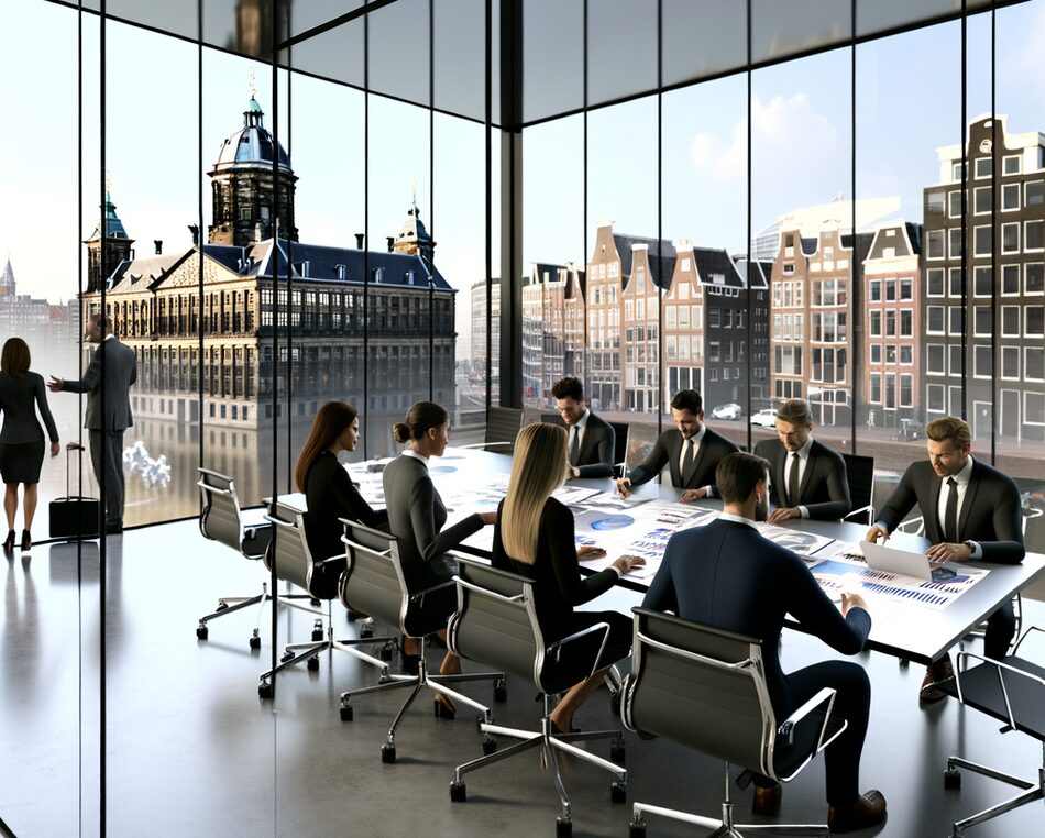 Professional financial meeting in a modern Amsterdam office, with city skyline and canals visible.