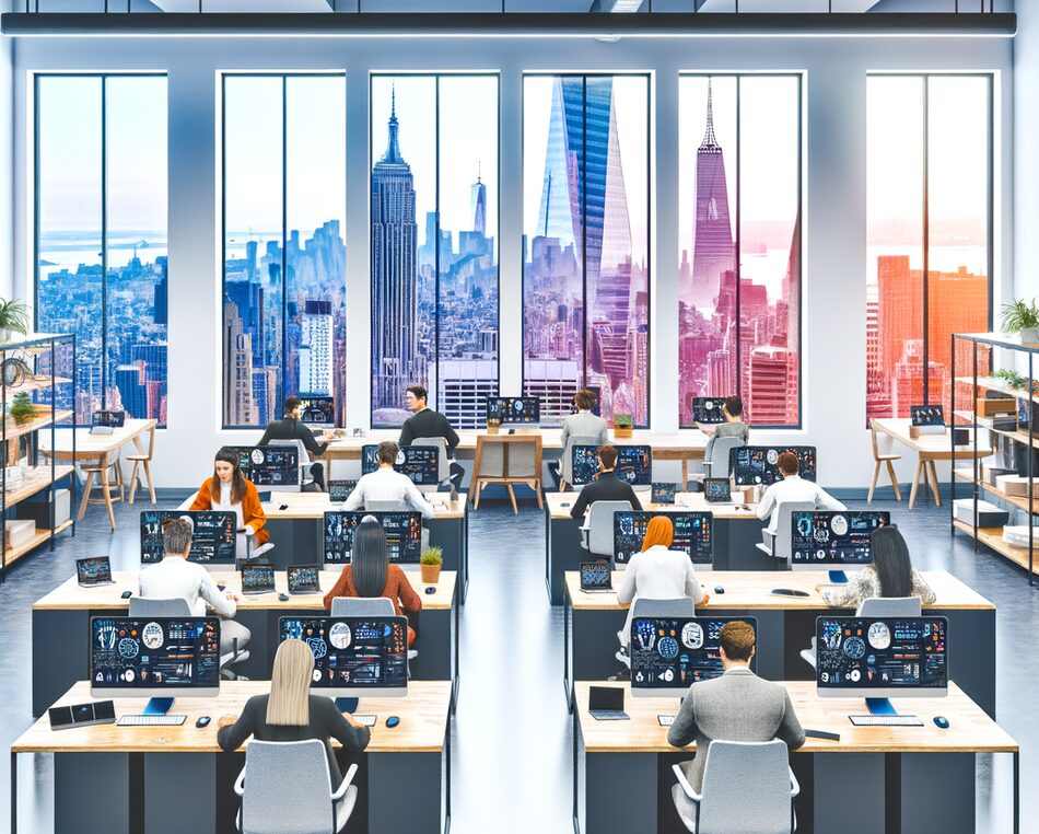 HealthTech founders collaborating in New York coworking space with Manhattan skyline