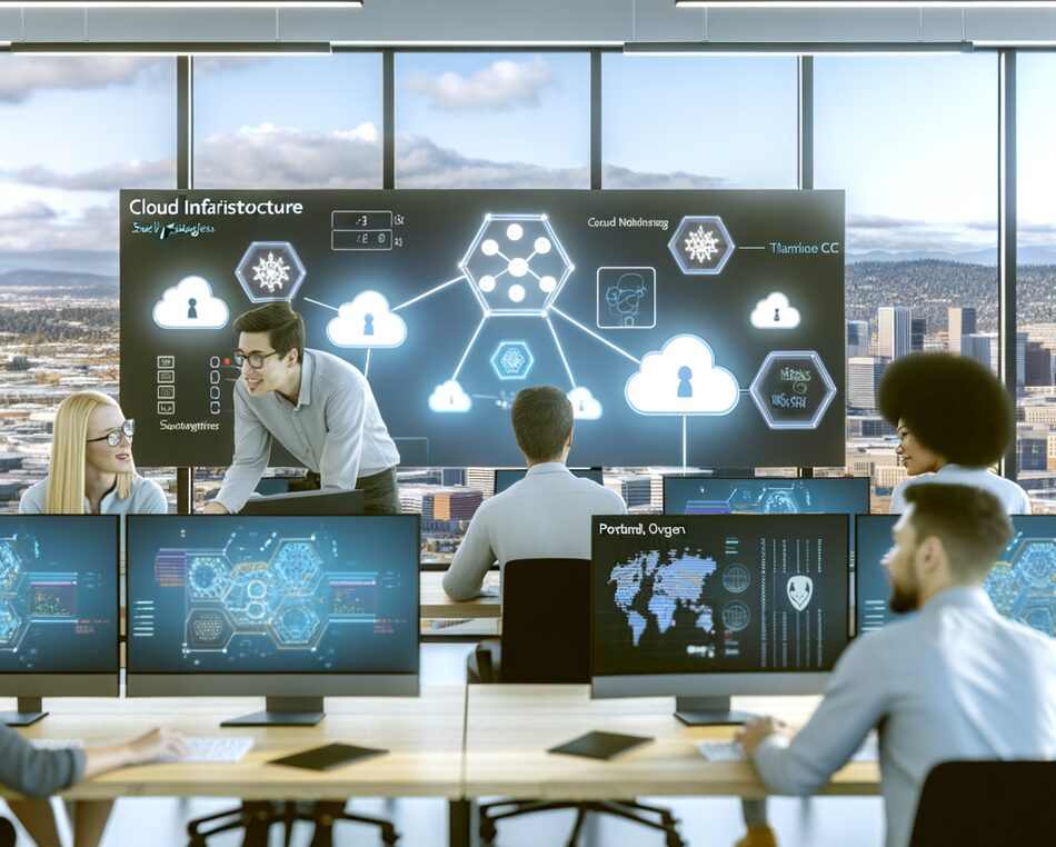 Cybersecurity startup team collaborating in a modern Portland, Oregon office