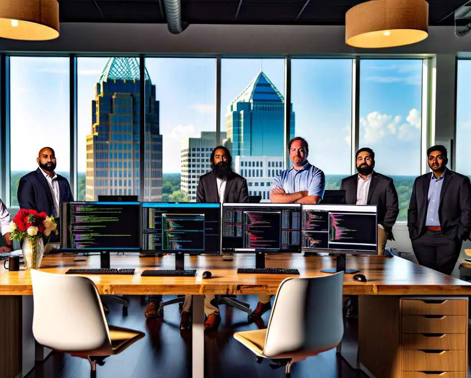 Raleigh Cybersecurity Startup Team at Work Cybersecurity professionals at a Raleigh startup collaborate in a modern office setting, with code and threat detection interfaces on screens.