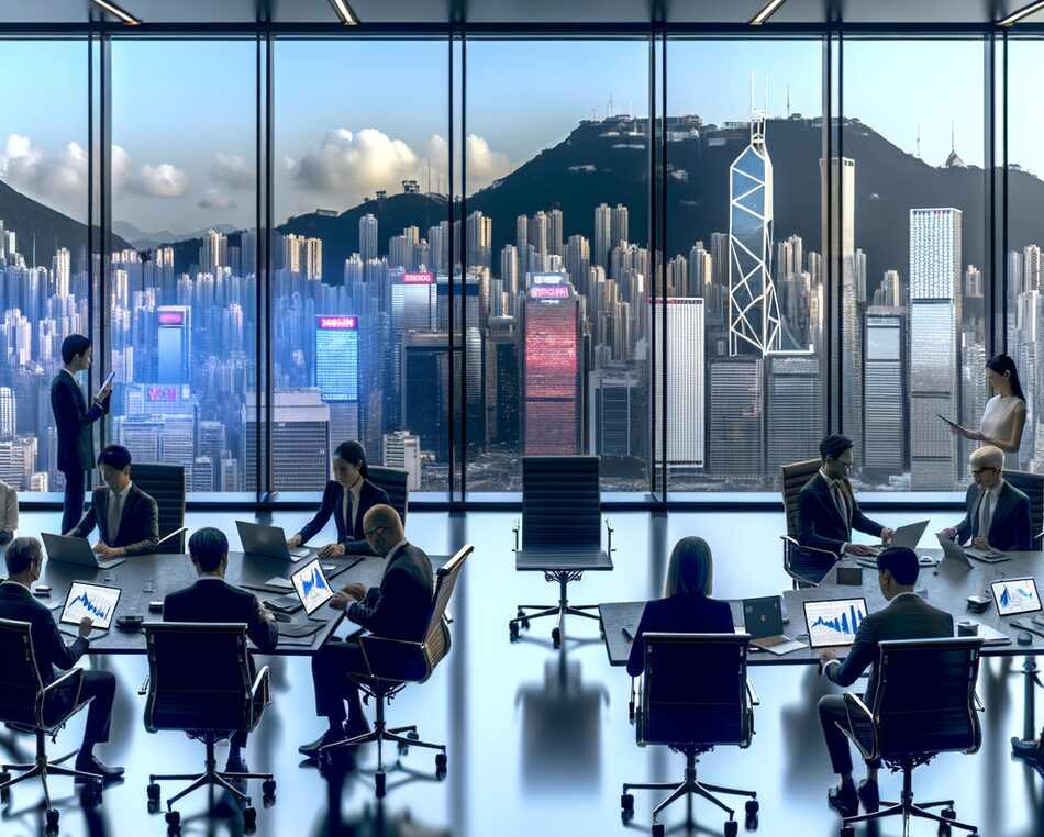 Professional fund managers in a Hong Kong boardroom discussing alternative investment strategies.