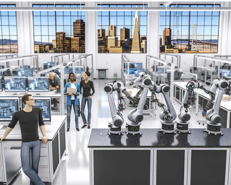 Engineers working with industrial robots in a San Francisco robotics lab