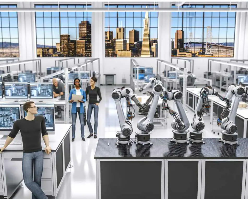 San Francisco Robotics Lab: Engineers and Industrial Robots Engineers working with industrial robots in a San Francisco robotics lab