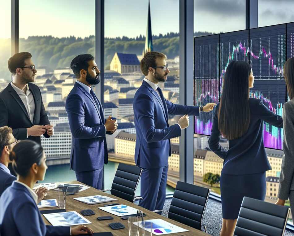 Financial professionals in a modern Luxembourg office analyzing digital asset and tokenized fund data