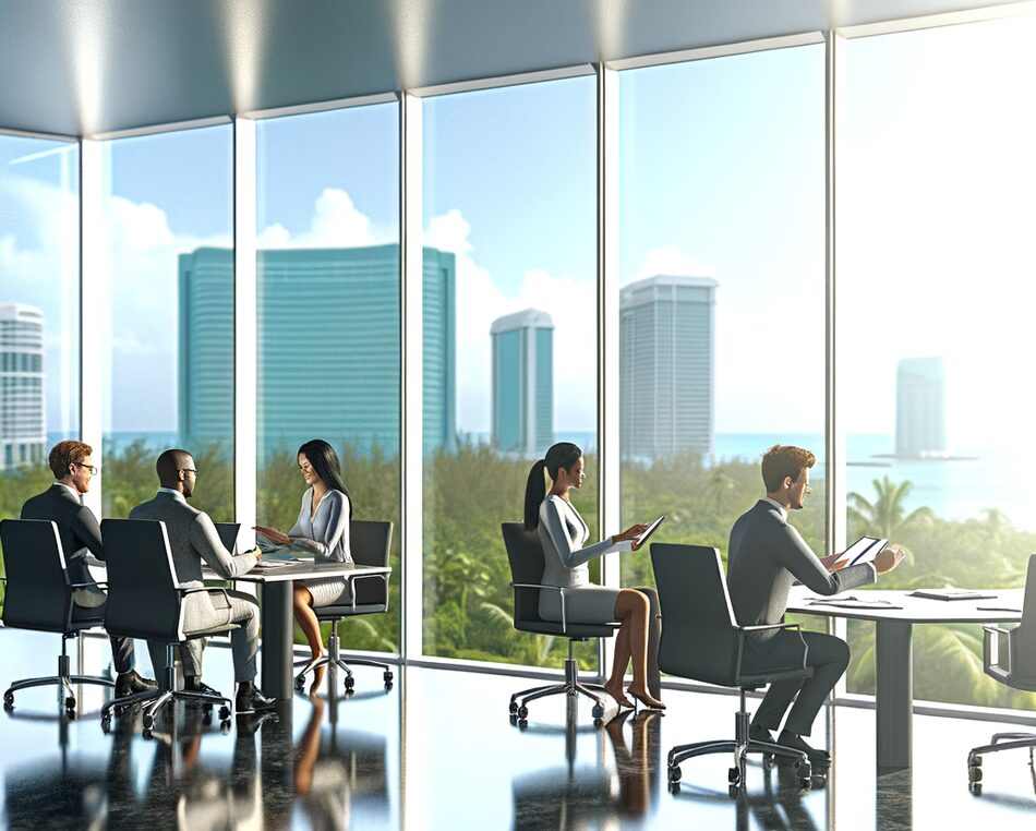 Professional financial team in a modern Cayman Islands office discussing fund management strategies.