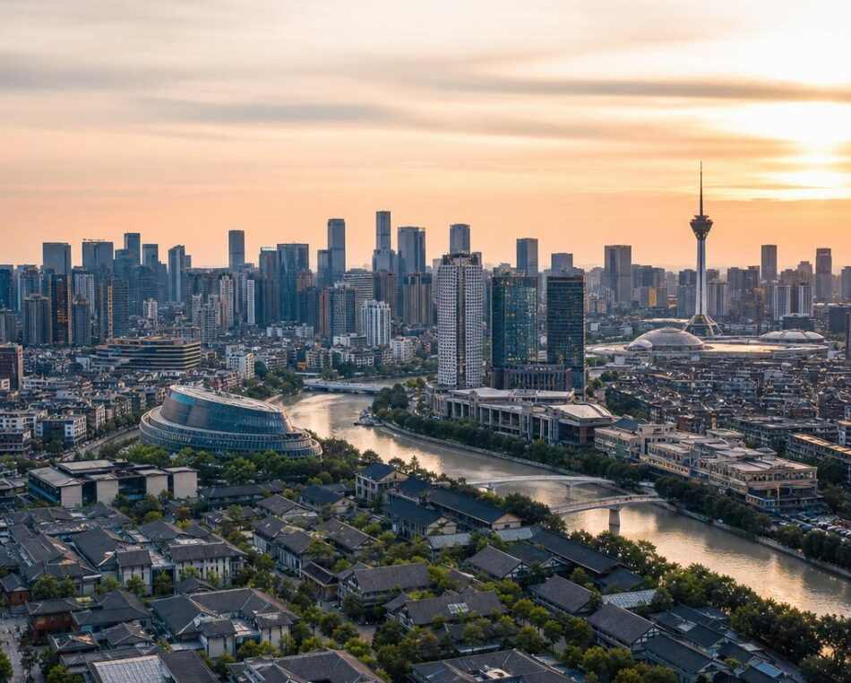 Chengdu business formation & company registration — China Aerial view of Chengdu business district skyline, China — investment destination for foreign companies