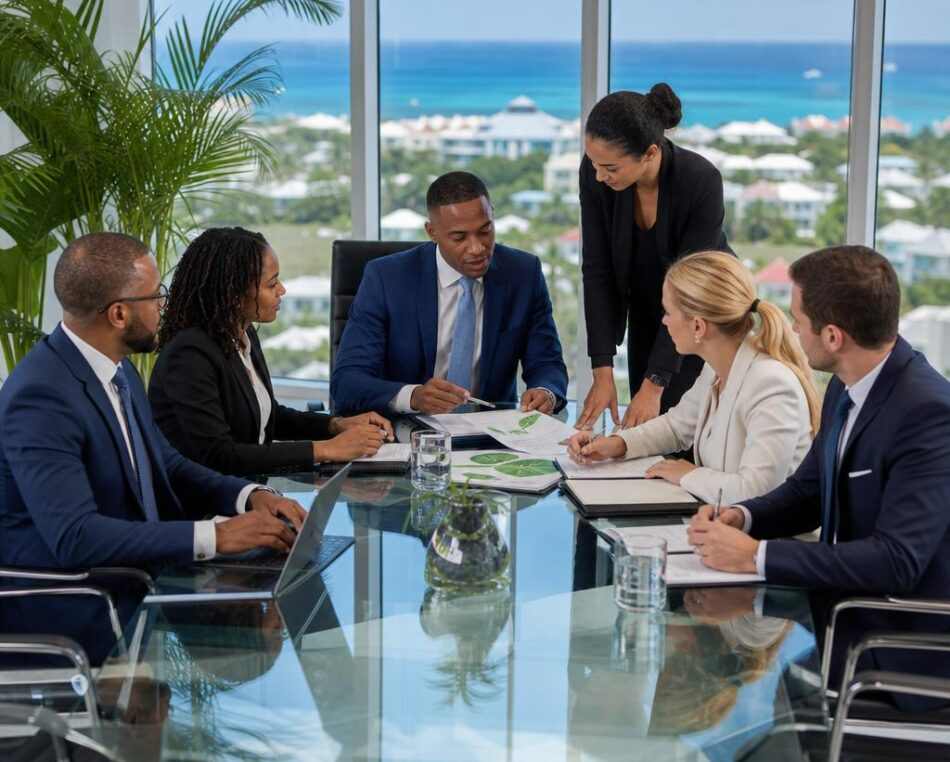 Fund managers discussing ESG strategies in a Cayman Islands office overlooking the sea