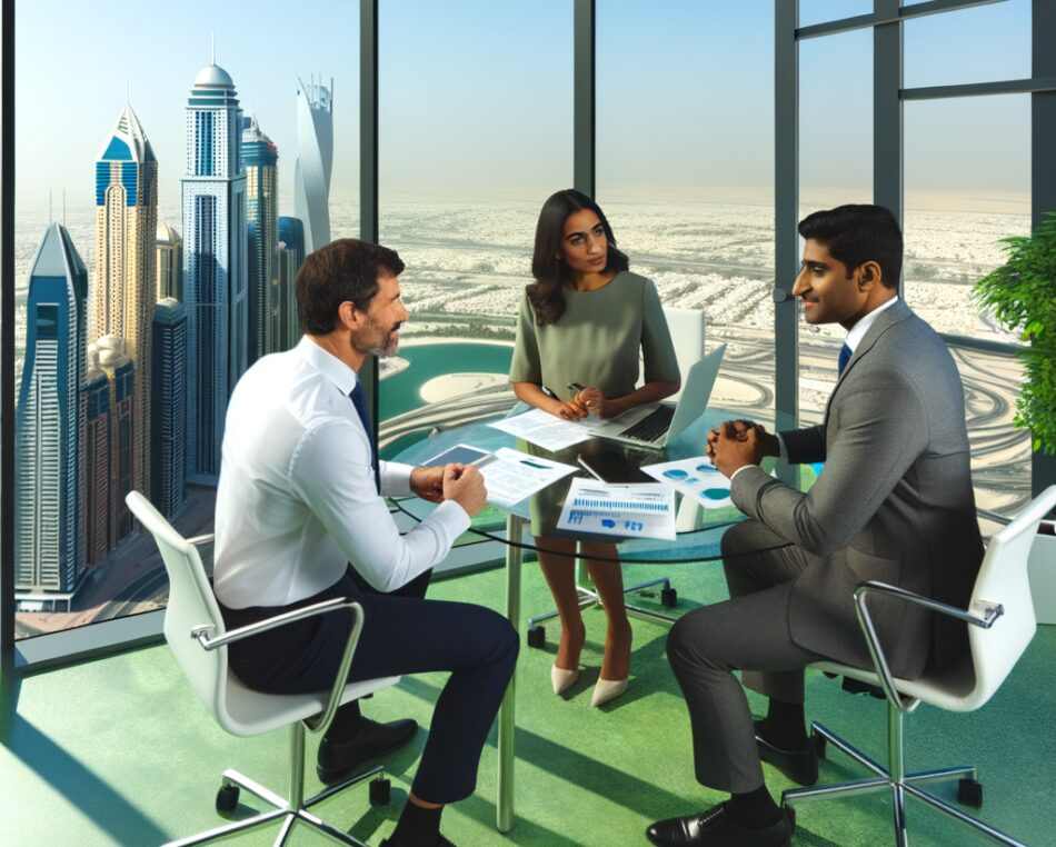 Financial professionals in a UAE office discussing ESG and sustainable finance strategies