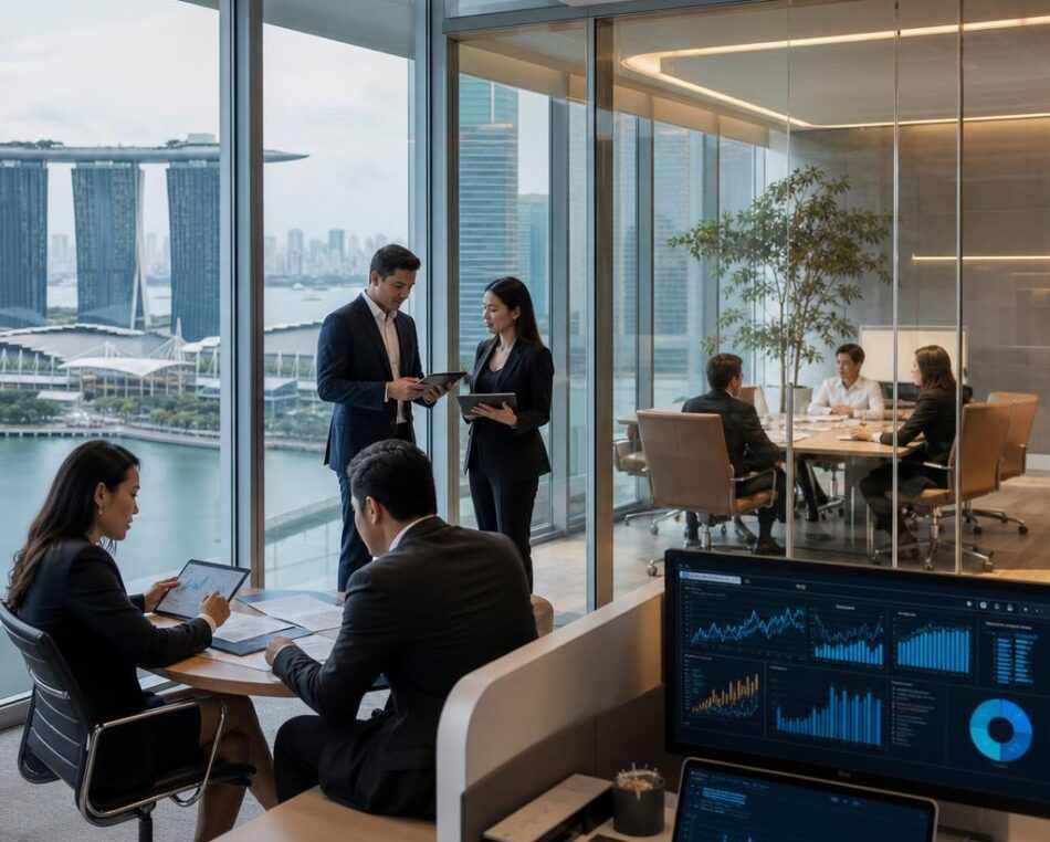 Singapore Fund Operations and Administration in a Modern Office Singapore fund managers and administrators in modern office with Marina Bay skyline