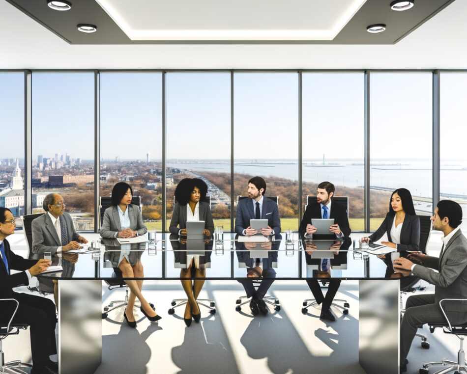 Jersey fund governance board in modern office with city and coast view
