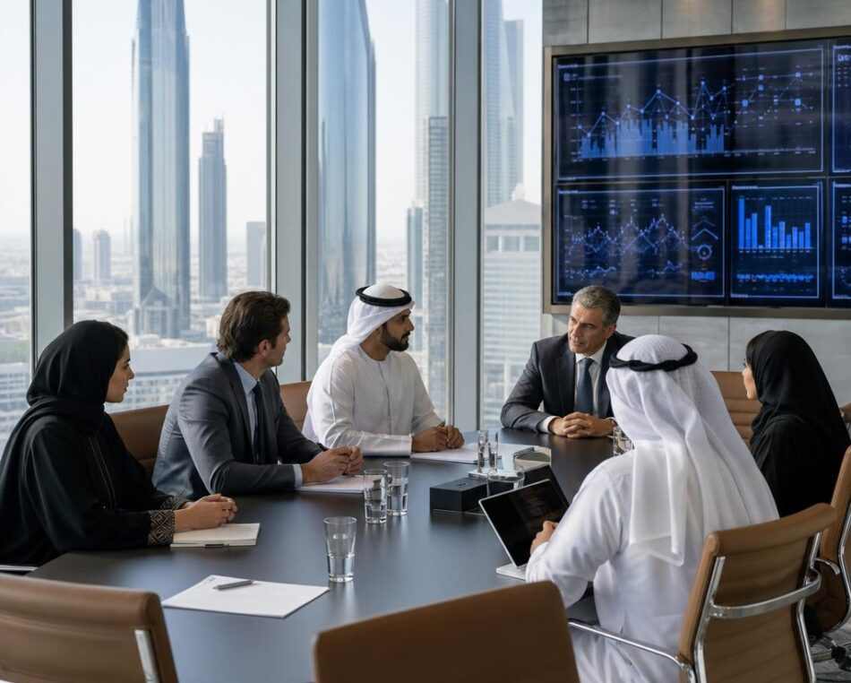 Professional board meeting in a UAE high-rise office with diverse directors
